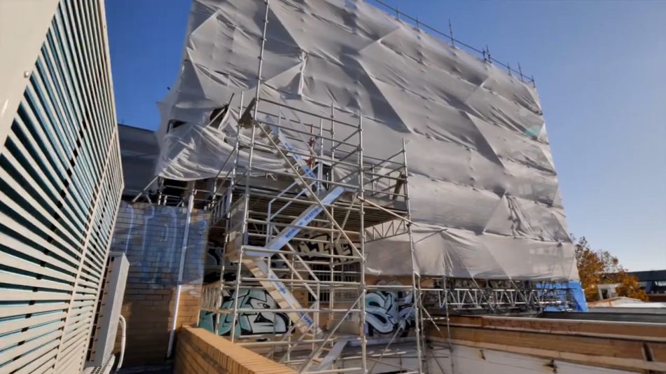 Scaffolding and sheets at the Fremantle high rise demolition site where the Focus Demolition is beginning demolition work.