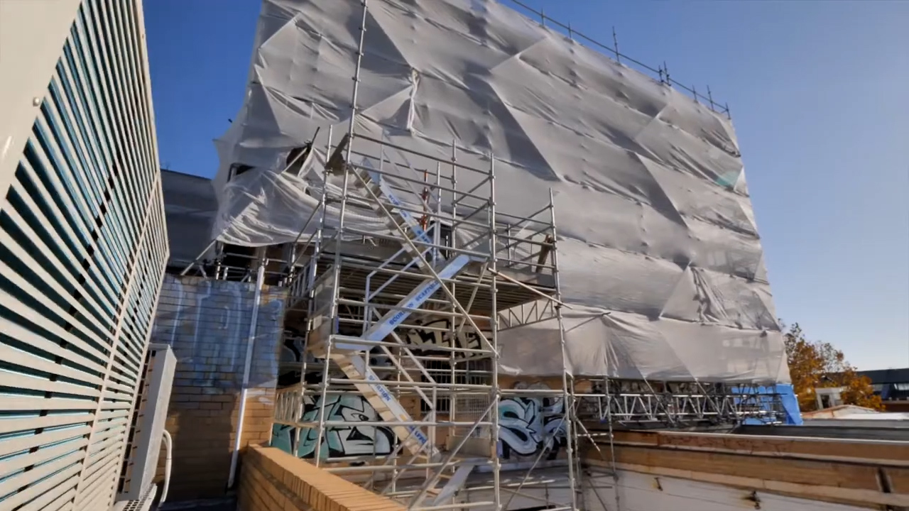 Scaffolding and sheets at the Fremantle high rise demolition site where the Focus Demolition is beginning demolition work.