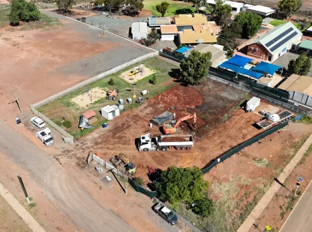 Downward wide shot of the Kalgoorlie Site Remediation showing decontamination and site clean-up by the Focus Demolition team