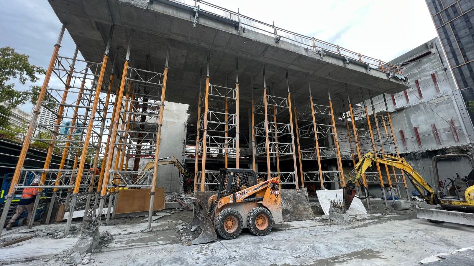 Internal demolition services being performed by Focus Demolition at a high-rise building showing plant equipment and progress.