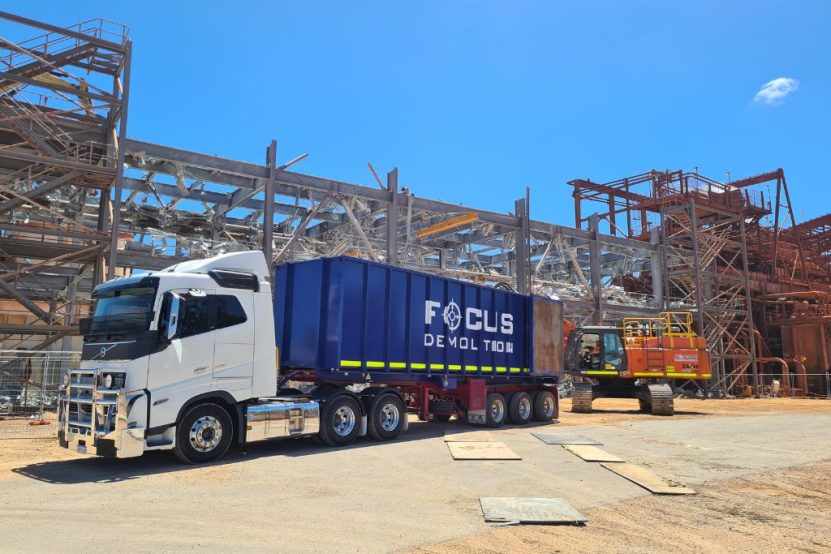 Focus demolition truck and machinery on site at Worsley mine site for demolition for outdated infrastructure